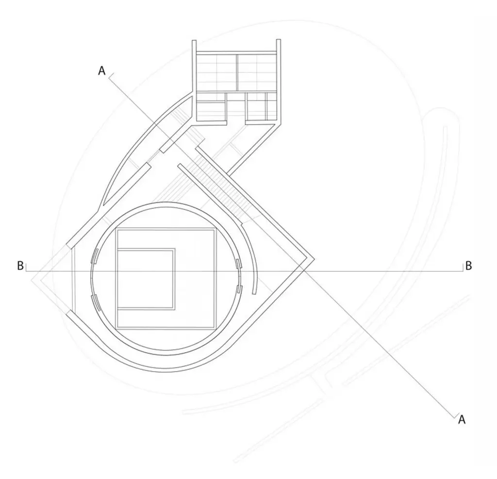 Water Temple by Tadao Ando, [lotus pond exterior / concrete wing walls / descent staircase / vermilion sanctuary interior / light court / Awaji Island hillside context], 1991 Japan