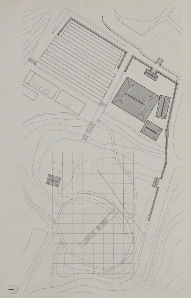 Water Temple by Tadao Ando, [lotus pond exterior / concrete wing walls / descent staircase / vermilion sanctuary interior / light court / Awaji Island hillside context], 1991 Japan