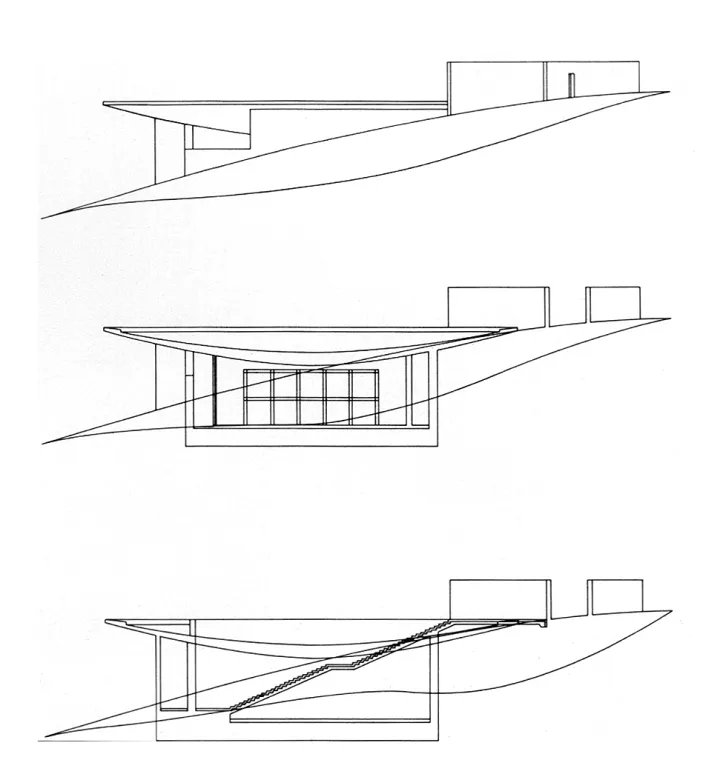 Water Temple by Tadao Ando, [lotus pond exterior / concrete wing walls / descent staircase / vermilion sanctuary interior / light court / Awaji Island hillside context], 1991 Japan