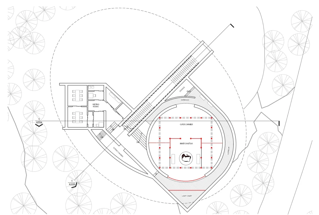 Water Temple by Tadao Ando, [lotus pond exterior / concrete wing walls / descent staircase / vermilion sanctuary interior / light court / Awaji Island hillside context], 1991 Japan