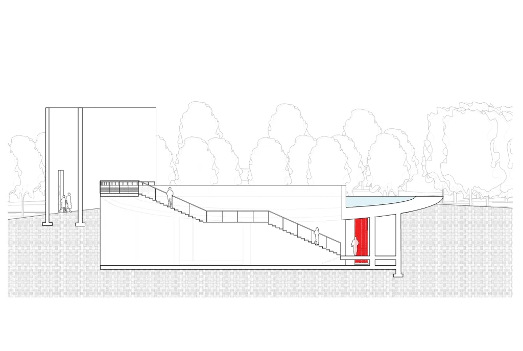 Water Temple by Tadao Ando, [lotus pond exterior / concrete wing walls / descent staircase / vermilion sanctuary interior / light court / Awaji Island hillside context], 1991 Japan