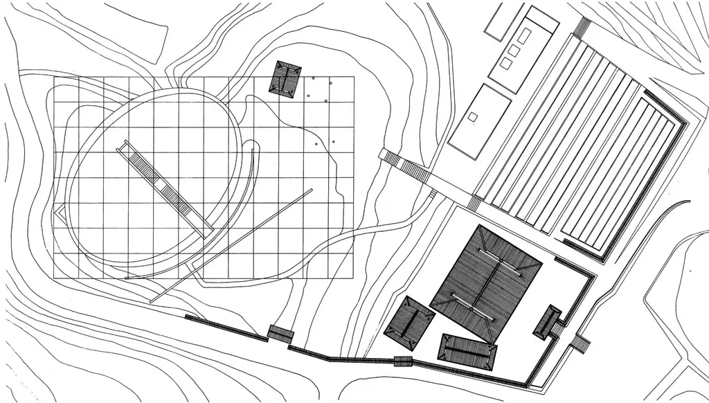 Water Temple by Tadao Ando, [lotus pond exterior / concrete wing walls / descent staircase / vermilion sanctuary interior / light court / Awaji Island hillside context], 1991 Japan
