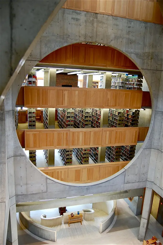 Exeter Library atrium showing Louis Kahn's concentric ring design and circular openings