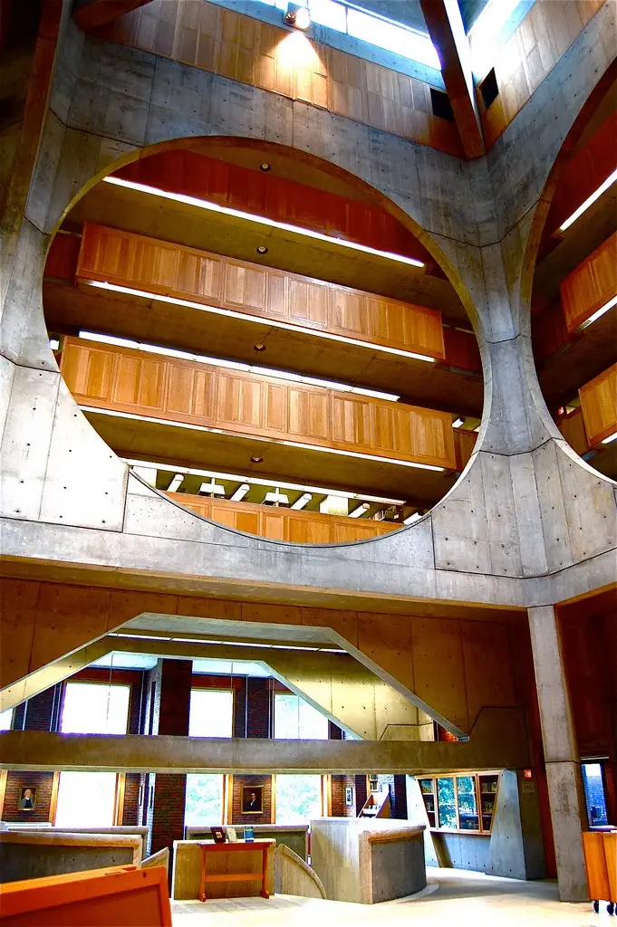 Exeter Library atrium showing Louis Kahn's concentric ring design and circular openings