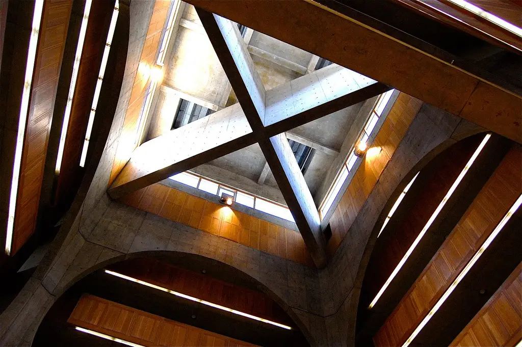 Exeter Library atrium showing Louis Kahn's concentric ring design and circular openings
