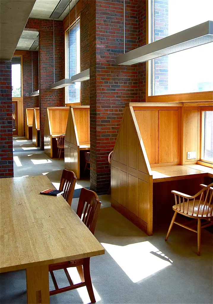 Exeter Library atrium showing Louis Kahn's concentric ring design and circular openings
