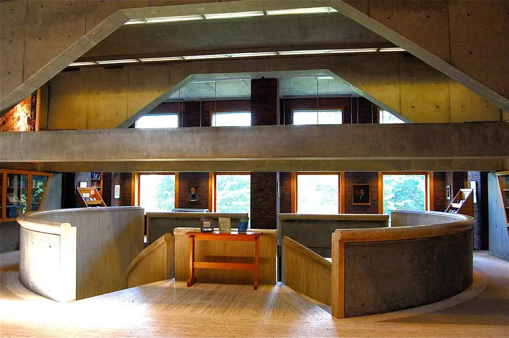 Exeter Library atrium showing Louis Kahn's concentric ring design and circular openings