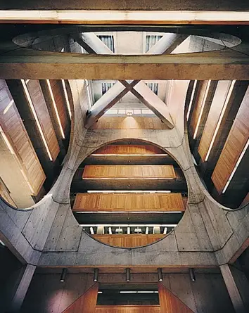 Exeter Library atrium showing Louis Kahn's concentric ring design and circular openings
