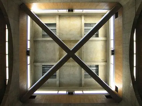 Exeter Library atrium showing Louis Kahn's concentric ring design and circular openings