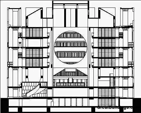 Exeter Library atrium showing Louis Kahn's concentric ring design and circular openings