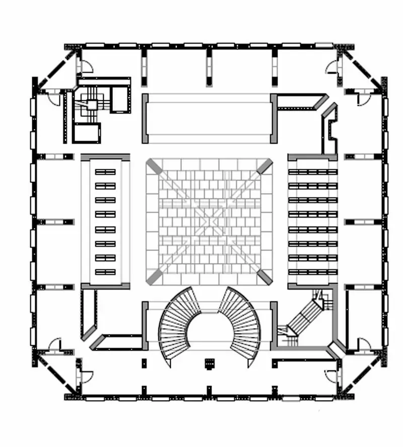 Exeter Library atrium showing Louis Kahn's concentric ring design and circular openings