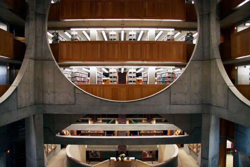 Exeter Library atrium showing Louis Kahn's concentric ring design and circular openings
