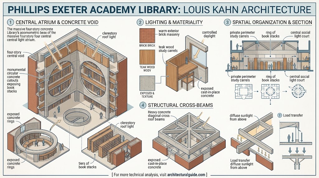 Exeter Library atrium showing Louis Kahn's concentric ring design and circular openings