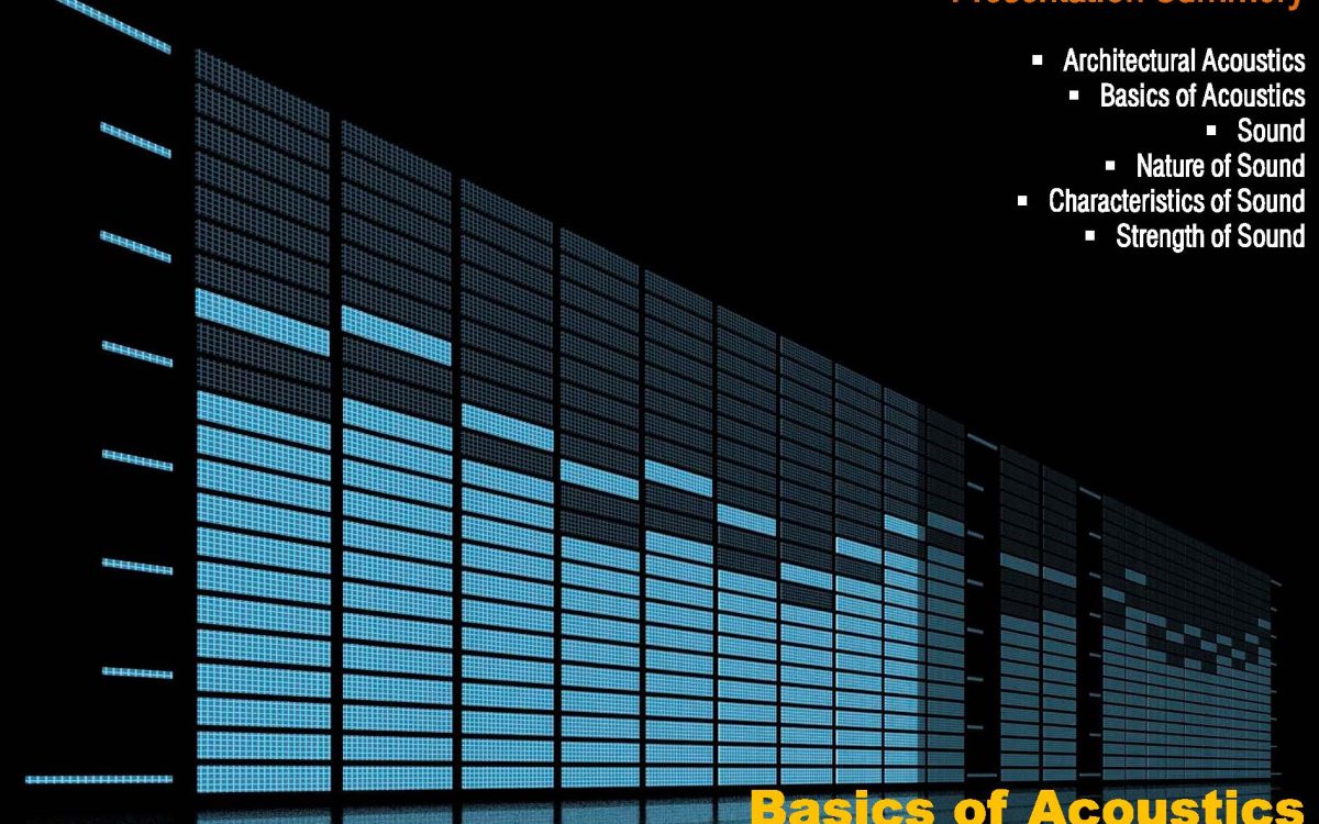 Architectural acoustics diagram showing sound wave propagation, frequency, and decibels in a building