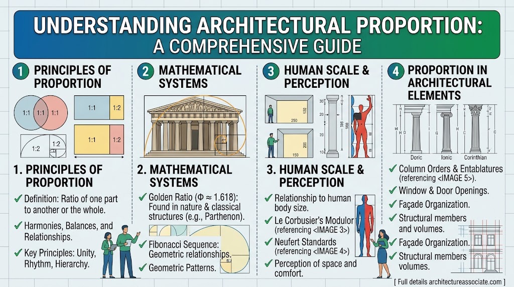 Architectural proportion diagram comparing Tuscan, Doric, Ionic and Corinthian column heights in diameters