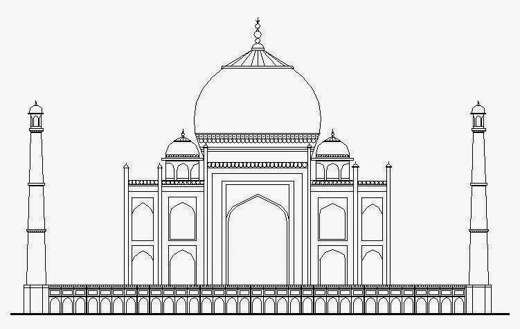 Golden ratio in Taj Mahal architecture — [facade proportion diagram / entrance door golden rectangle / dome height ratio phi / minaret proportions / Charbagh reflecting pool golden ratio / arch width-height analysis], Agra India 1632