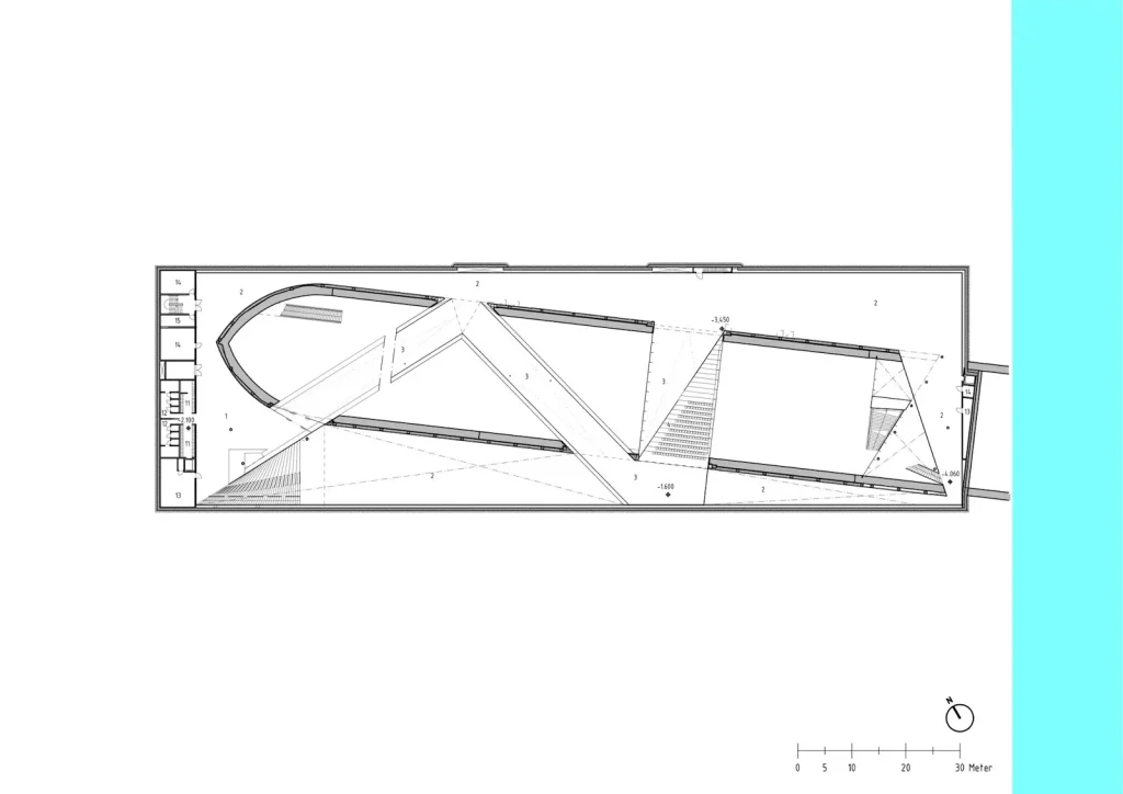 Danish National Maritime Museum by BIG Bjarke Ingels Group,
[aerial dry dock view / bridge spanning dock / underground gallery /
Kronborg Castle context / entrance zig-zag bridge / Morse code bollards /
auditorium bridge / dock interior], Helsingør Denmark 2013