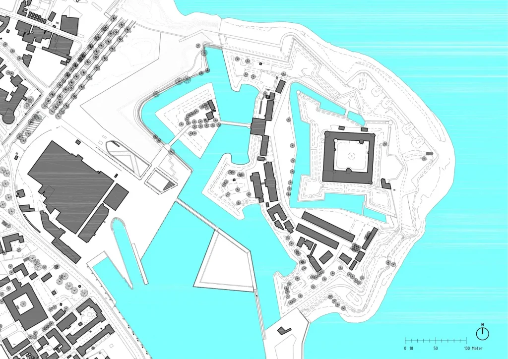 Danish National Maritime Museum by BIG Bjarke Ingels Group,
[aerial dry dock view / bridge spanning dock / underground gallery /
Kronborg Castle context / entrance zig-zag bridge / Morse code bollards /
auditorium bridge / dock interior], Helsingør Denmark 2013