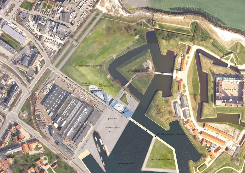 Danish National Maritime Museum by BIG Bjarke Ingels Group,
[aerial dry dock view / bridge spanning dock / underground gallery /
Kronborg Castle context / entrance zig-zag bridge / Morse code bollards /
auditorium bridge / dock interior], Helsingør Denmark 2013