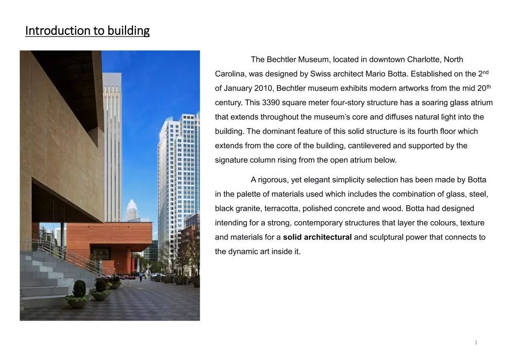 Bechtler Museum of Modern Art by Mario Botta,
[exterior terra cotta facade / swelling column plaza / cantilevered fourth floor /
glass atrium interior / Sol LeWitt Wall Drawing foyer / Firebird sculpture plaza /
gallery floor plan / section drawing], Charlotte North Carolina 2009