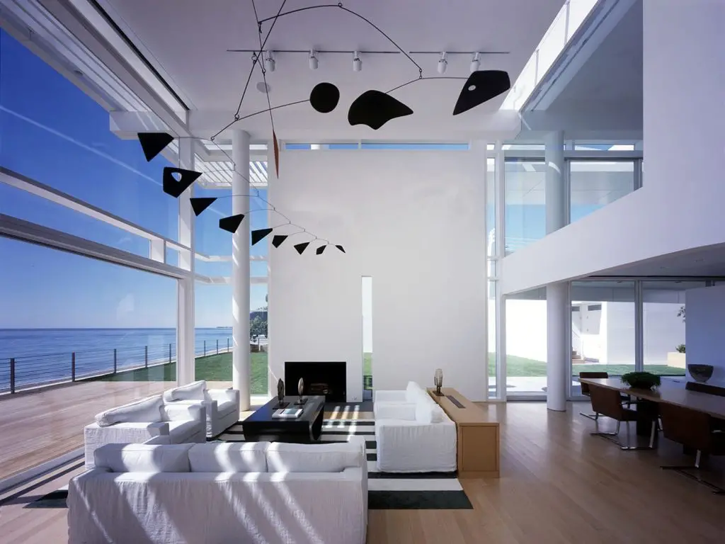Southern California Beach House by Richard Meier and Michael Palladino,
[exterior courtyard / glazed bridge / double-height living room / ocean facade /
sunscreen louver detail / entry wall], Malibu California 2001