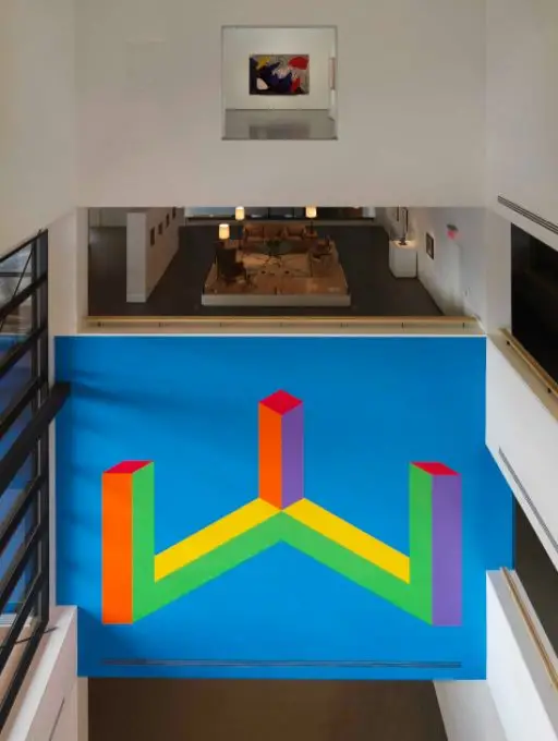 Bechtler Museum of Modern Art by Mario Botta,
[exterior terra cotta facade / swelling column plaza / cantilevered fourth floor /
glass atrium interior / Sol LeWitt Wall Drawing foyer / Firebird sculpture plaza /
gallery floor plan / section drawing], Charlotte North Carolina 2009