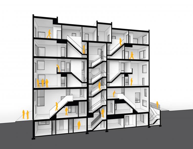 XS House Philadelphia by ISA Interface Studio Architects, [exterior black fiber cement facade / mezzanine interior / narrow site plan / street-level unit entry / bi-level duplex stair / facade projection bay detail / Vine Street Expressway context / building section diagram], 2019