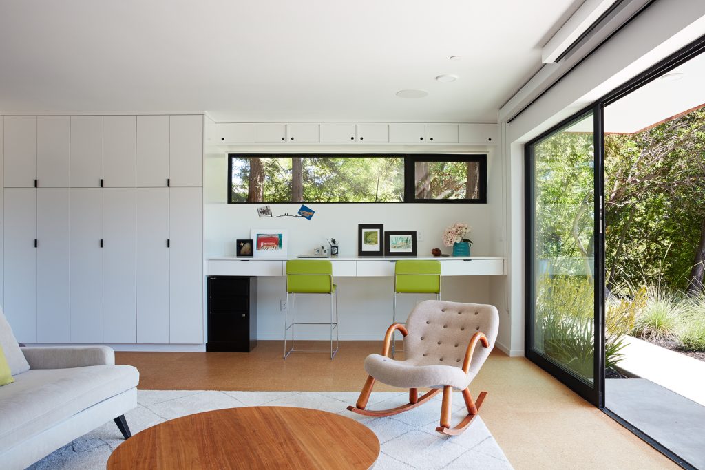 Mid-century modern remodel of Roger Lee 1962 Stanford house by Klopf Architecture,
[exterior redwood facade / corner office hill views / outdoor living room pergola /
living room glass sliders / lower level family room patio / kitchen outdoor dining /
Malm fireplace Heath tiles / primary bedroom window glazing], Stanford California 2020
