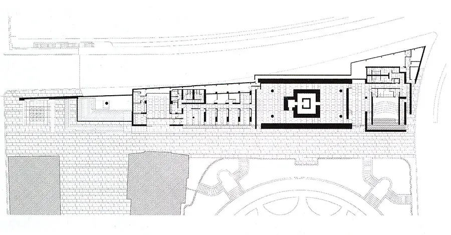 Museo dell Ara Pacis by Richard Meier, [main glass wall / entrance hall concrete
columns / travertine exterior / Ara Pacis altar pavilion skylight / Tiber River
facade / Piazza Augusto Imperatore context], Rome Italy 2006