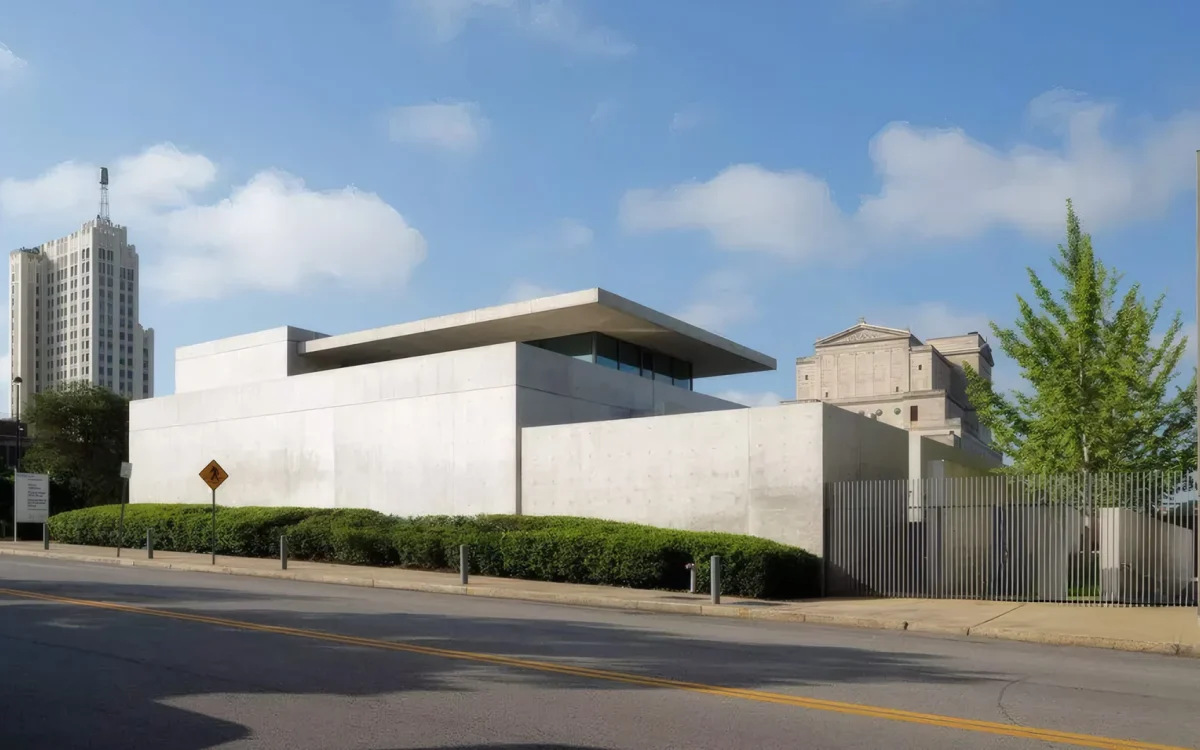 Pulitzer Arts Foundation by Tadao Ando, [exterior concrete facade / water court / Ellsworth Kelly Blue Black gallery / Richard Serra Joe sculpture court / skylit main gallery / interior concrete wall], St. Louis Missouri 2001