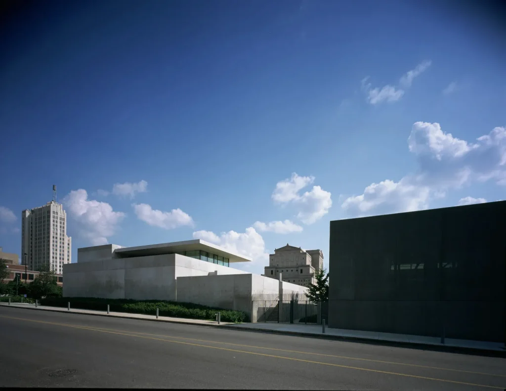 Pulitzer Arts Foundation by Tadao Ando, [exterior concrete facade / water court /
Ellsworth Kelly Blue Black gallery / Richard Serra Joe sculpture court /
skylit main gallery / interior concrete wall], St. Louis Missouri 2001