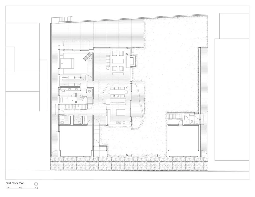 Southern California Beach House by Richard Meier and Michael Palladino,
[exterior courtyard / glazed bridge / double-height living room / ocean facade /
sunscreen louver detail / entry wall], Malibu California 2001