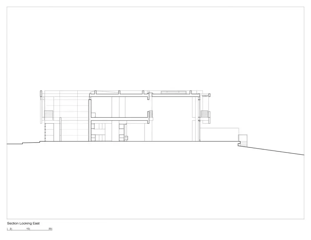 Southern California Beach House by Richard Meier and Michael Palladino,
[exterior courtyard / glazed bridge / double-height living room / ocean facade /
sunscreen louver detail / entry wall], Malibu California 2001