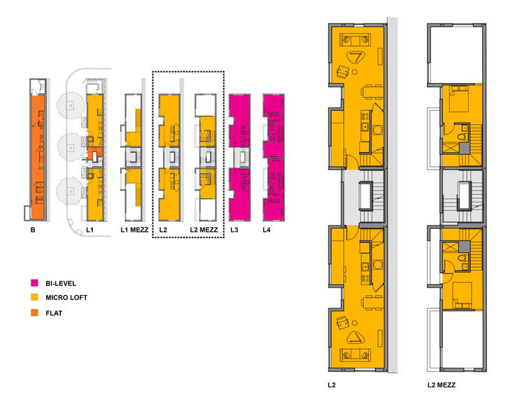 XS House Philadelphia by ISA Interface Studio Architects, [exterior black fiber cement facade / mezzanine interior / narrow site plan / street-level unit entry / bi-level duplex stair / facade projection bay detail / Vine Street Expressway context / building section diagram], 2019